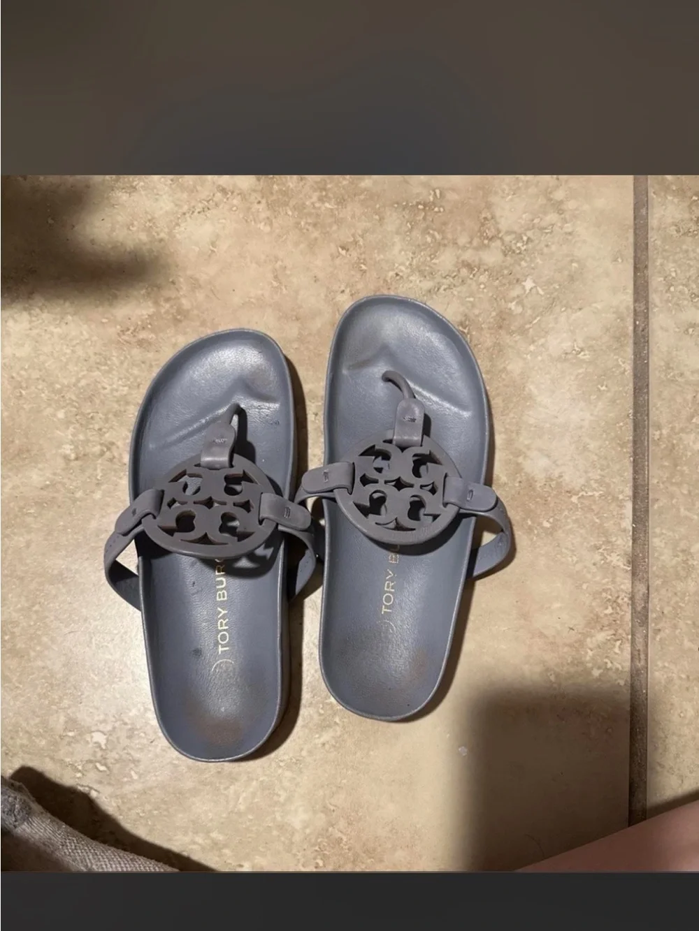 Tory Burch Gray Logo Slide Sandals